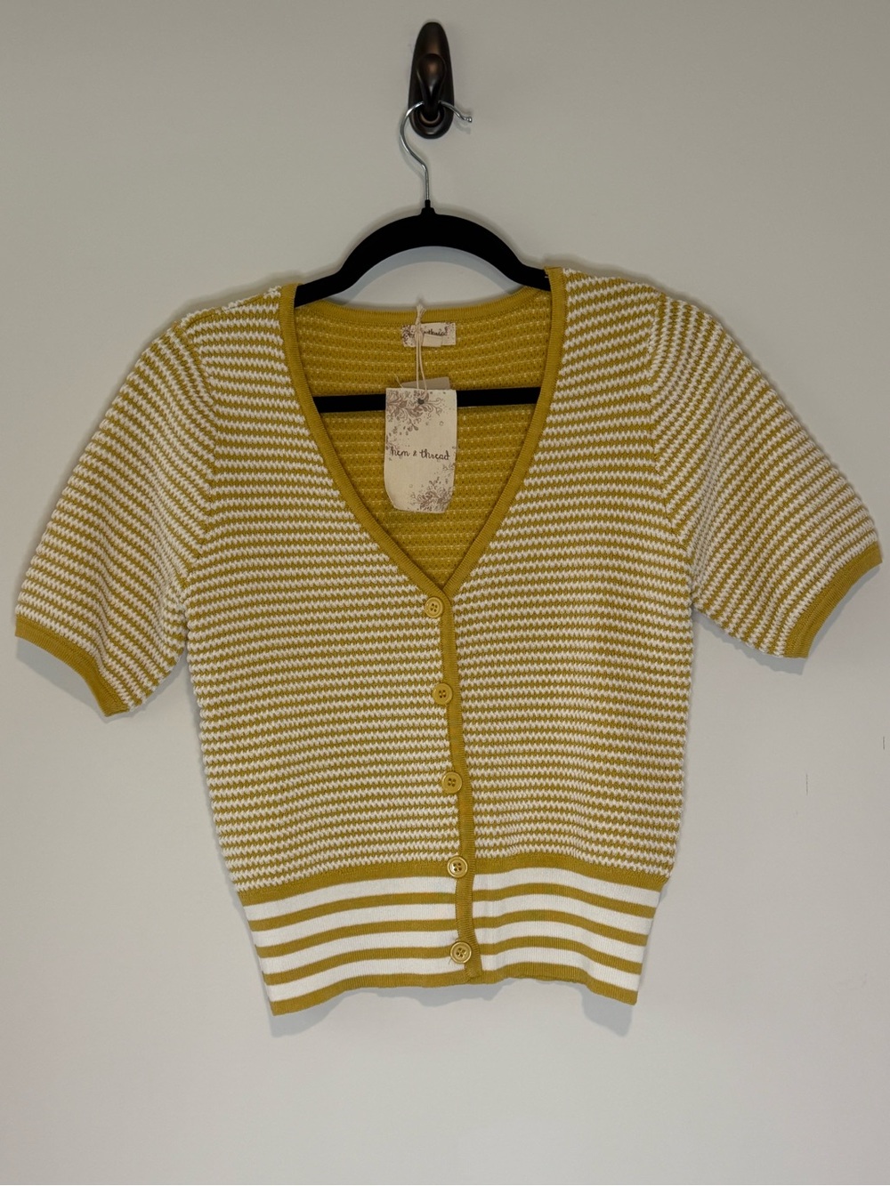 NWT (S) Hem & Thread Striped Mustard & White Knit Cardigan